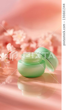 Green cosmetic cream jar with floral background and soft pastel colors for skincare products 130881344