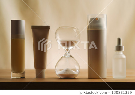 A modern still life featuring skincare products with an hourglass, embodying timeless beauty and minimalism. Focus on creativity and elegance in self-care displayed on a serene, muted neutral backdrop 130881359