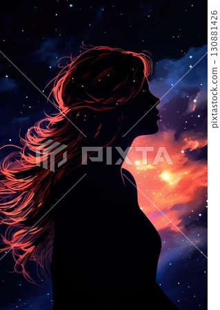 dreamy night portrait of beautiful young woman on sky with stars and galaxy background, female with waving hairs dreamy night portrait of beautiful young woman on sky with stars and galaxy background, female with waving hairs 130881426