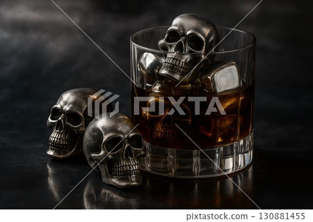 Skull-shaped ice cubes in a glass of whiskey on a dark reflective surface 130881455