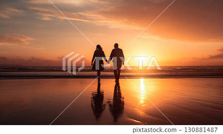 old senior couple walking by sea beach at sunset, older romantic man and woman walk by ocean shore at summer sunrise 130881487