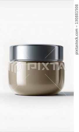 Elegant cosmetic jar with a sleek silver lid, showcasing a smooth beige surface, ideal for skincare products, highlighting modern design and functionality in beauty packaging Elegant cosmetic jar with a sleek silver lid, showcasing a smooth beige surface, ideal for skincare products, highlighting modern design and functionality in beauty packaging 130881508