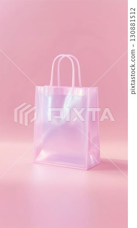 Transparent pink shopping bag stands against a soft pink background, showcasing its glossy texture and modern design, ideal for retail branding and marketing purposes Transparent pink shopping bag stands against a soft pink background, showcasing its glossy texture and modern design, ideal for retail branding and marketing purposes 130881512
