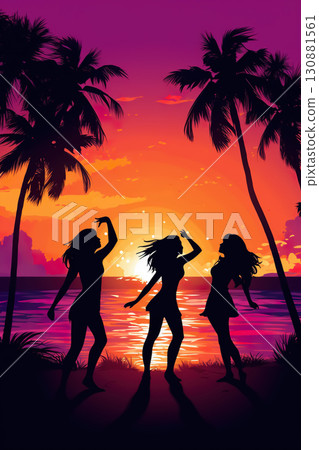 silhouette of happy women friends dancing at beach party at sunset, joyful group of female celebrate on vacation 130881561