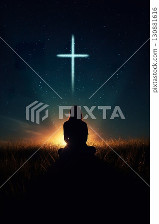 person prayer at nature, faith and christianity concept, cross at night sky 130881616