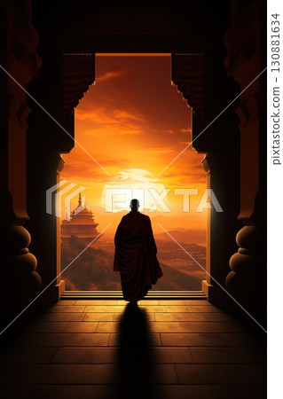 silhouette of buddhist monk walking by temple on mountain at sunset, asian spirituality concept 130881634