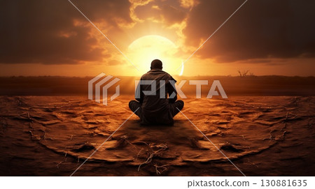 lonely desperate man pray and ask god about help, tired male in desert 130881635