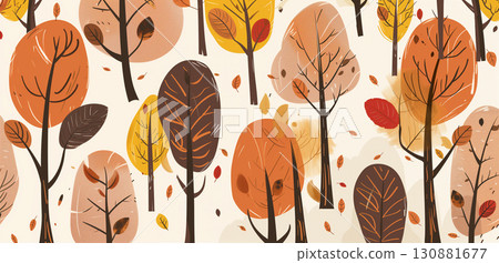 Colorful autumn trees with falling leaves in a whimsical illustration style for seasonal decor 130881677