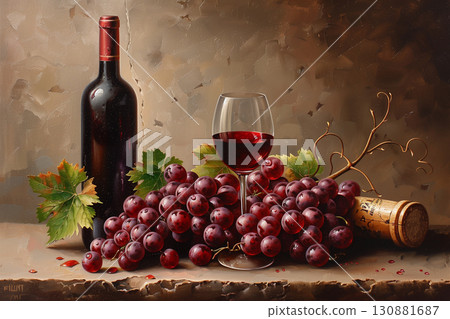 Red wine bottle with glass and fresh grapes on rustic wooden table showcasing rich textures 130881687