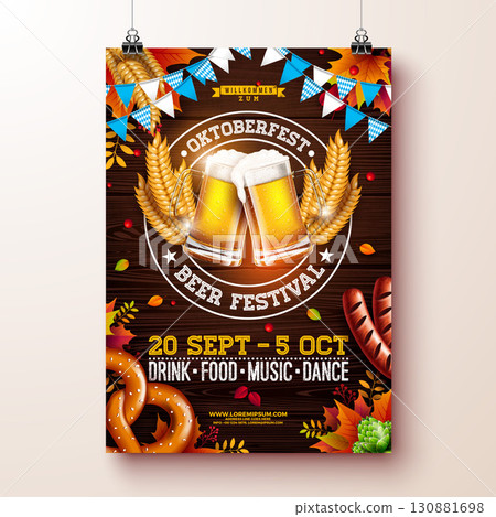 Oktoberfest Party Flyer Illustration with Fresh Lager Beer, Pretzel and Sausage on Vintage Wood Background. Vector Traditional German Beer Festival Poster Design Template with Bavaria Party Flag for 130881698