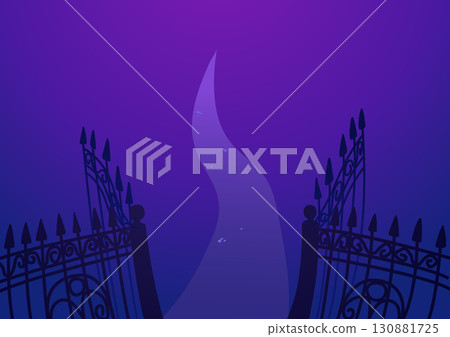 Open wrought iron gates with path 130881725