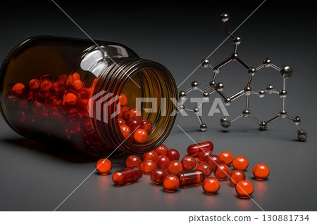 Glass jar filled with vibrant red capsules spills onto a dark surface, alongside a molecular structure model, illustrating the relationship between medication and chemistry 130881734