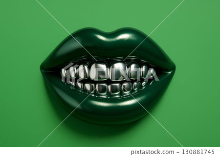 Glossy green lips with metallic silver teeth are displayed against a vibrant green background, showcasing a unique blend of color and texture in a striking visual concept 130881745