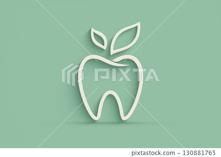 Minimalist line art illustration of a tooth with leaves on a soft green background, symbolizing dental health and wellness in a modern design aesthetic 130881765