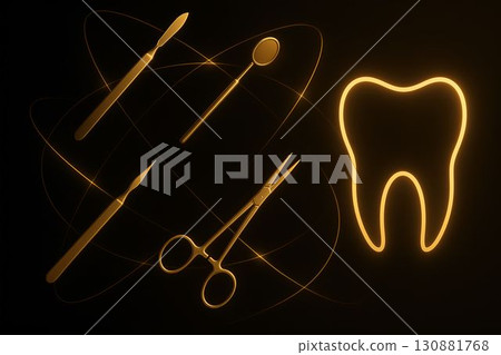 Dental tools including scalpel, mirror, forceps, and a glowing tooth illustration, arranged artistically against a dark background, showcasing dental care essentials and professionalism 130881768