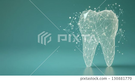 Abstract 3D illustration of a tooth composed of geometric lines and dots, symbolizing dental health, technology, and modern dentistry concepts in a vibrant teal background 130881770