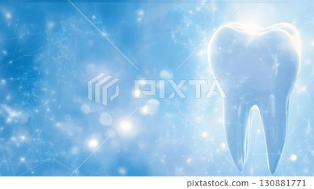 Glossy tooth illustration on a soft blue background, symbolizing dental health and hygiene, with a bright and clean aesthetic for healthcare and wellness concepts 130881771