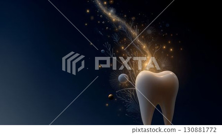 Abstract illustration of a glowing tooth surrounded by ethereal elements, representing dental health and care, with a dark background enhancing the luminous effect and visual appeal 130881772