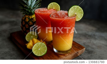 Refreshing tropical beverage served in two glasses with vibrant layers of red and yellow, garnished with lime slices, alongside fresh pineapple on a wooden board, perfect for summer enjoyment 130881780