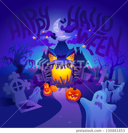 Halloween night scene with haunted house 130881853