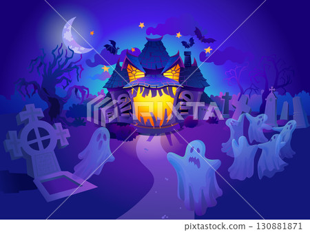 Halloween night scene with haunted house Halloween night scene with haunted house 130881871