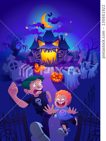 Halloween scene with haunted house and children 130881922