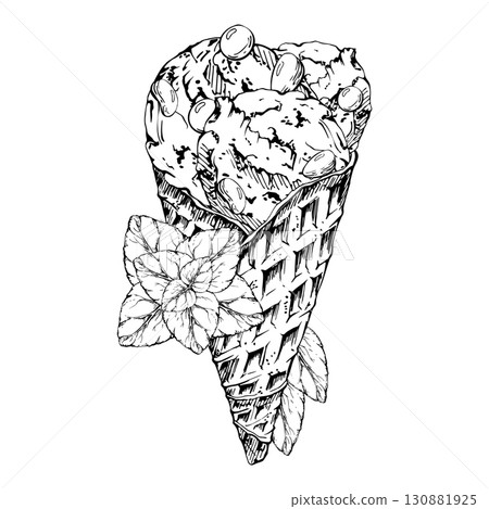 Sorbet ice cream in waffle cone with scattered sugar dragee candy balls, mint leaves. Vector graphic illustration hand drawn in pen and ink. Summer party invite design, sweet snack flyer, dessert wrap Sorbet ice cream in waffle cone with scattered sugar dragee candy balls, mint leaves. Vector graphic illustration hand drawn in pen and ink. Summer party invite design, sweet snack flyer, dessert wrap 130881925