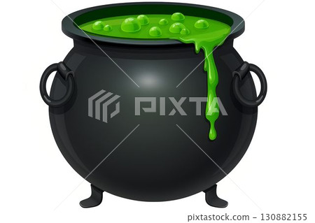 Black cauldron filled with bubbling green potion, featuring a glossy surface and intricate handles, set against a simple background, perfect for Halloween or magical themes Black cauldron filled with bubbling green potion, featuring a glossy surface and intricate handles, set against a simple background, perfect for Halloween or magical themes 130882155
