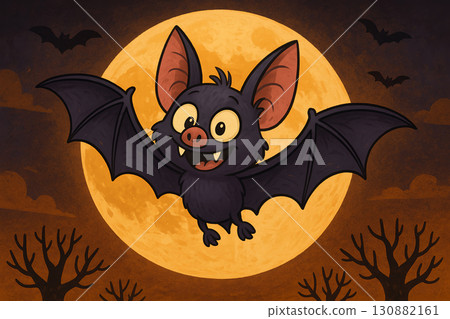 Cartoon bat character flying joyfully against a large glowing moon, surrounded by silhouettes of bats and leafless trees, creating a whimsical Halloween atmosphere 130882161