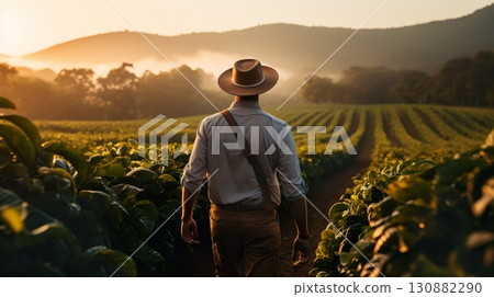 back view of man in hat walking by agricultural field, farmer walk by farm with fresh plants, person inspecting farming 130882290