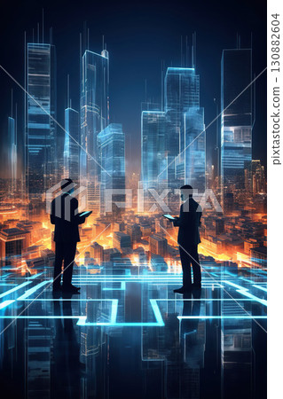 group of businessman by hologram of real estate and housing development screen, board of directors and futuristic business technology concept, 3d holographic corporate meeting group of businessman by hologram of real estate and housing development screen, board of directors and futuristic business technology concept, 3d holographic corporate meeting 130882604