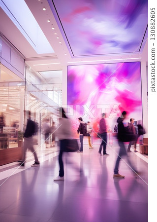 busy people at shopping mall, blurred motion and selective focus, men and women in rush at retail shop trading center 130882605