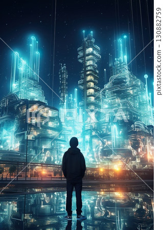 person standing by futuristic power plant station at night person standing by futuristic power plant station at night 130882759