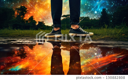 closeup shot of person standing in puddle after rain, reflection of night with stars and sky light, romantic abstract concept 130882808