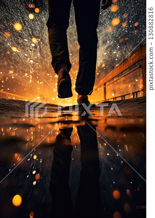 closeup shot of person standing in puddle after rain, reflection of night with stars and sky light, romantic abstract concept 130882816