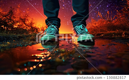 closeup shot of person standing in puddle after rain, reflection of night with stars and sky light, romantic abstract concept 130882817