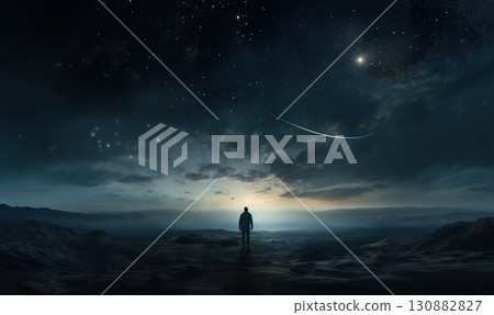 person standing in mountains at night sky background with stars, freedom and exploration concept 130882827