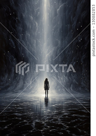 person in surreal futuristic world, universe and energy concept 130882853