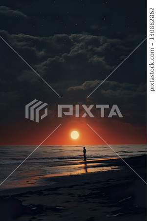 silhouette of person walking by beach at ocean at sunset silhouette of person walking by beach at ocean at sunset 130882862