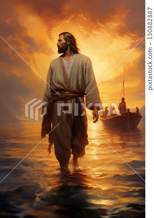 Jesus Christ walking by water at sea, faith and christianity concept 130882887