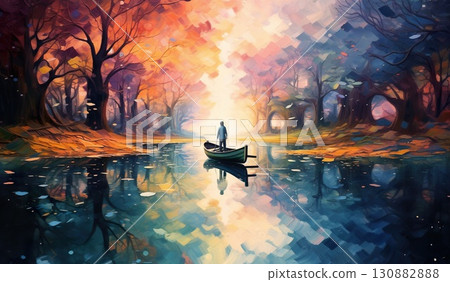 person in boat in colorful lake in forest, artistic nature illustration 130882888