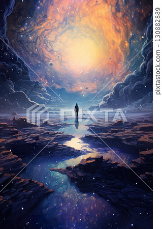 man exploring beautiful colorful world, nature and astronomy, in style of vibrant illustrations 130882889