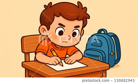 Young boy focused on writing at school desk with backpack nearby during bright classroom setting 130882943