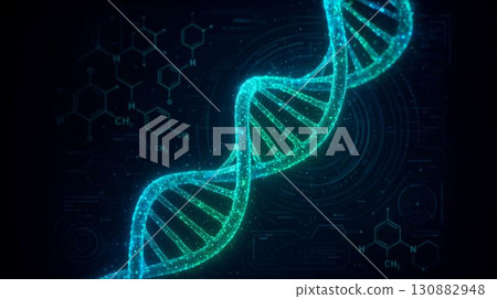 Vibrant blue and green DNA double helix illustration with glowing particles, set against a dark scientific background featuring molecular structures and digital elements representing genetic research 130882948