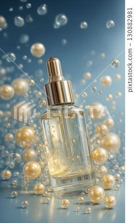 Glass dropper bottle filled with golden serum surrounded by shimmering pearls and bubbles, creating an elegant and luxurious beauty product display with a soft blue background 130882981