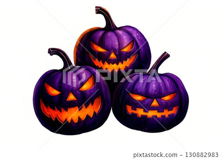 Three spooky purple pumpkins with glowing faces, featuring menacing expressions, perfect for Halloween decorations, showcasing vibrant colors and intricate details in a festive atmosphere 130882983