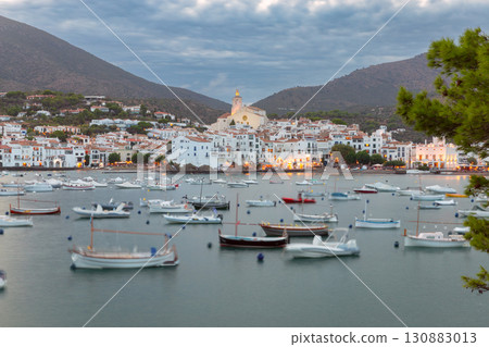 Cadaques bay and Santa Maria Church at sunset, Spain Cadaques bay and Santa Maria Church at sunset, Spain 130883013