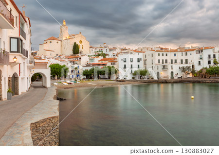 Seafront and Santa Maria Church in Cadaques, Spain 130883027