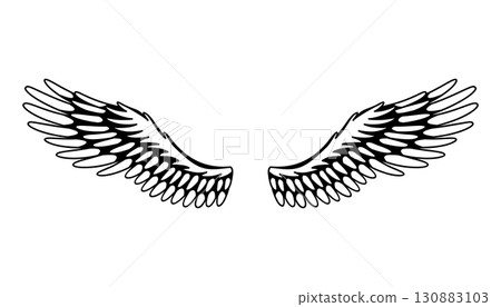 Wings sketch. Stylized birds wings. Hand drawn contoured stiker wing in open position. Vector design elements in coloring style 130883103