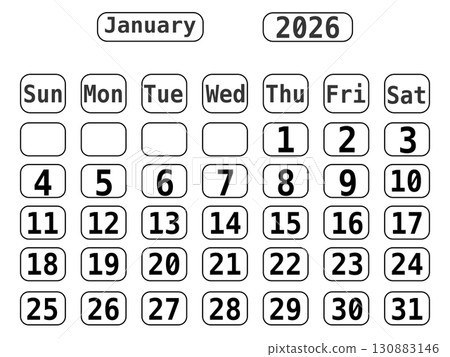 Black Line Art 2026 Calendar template with No Background, January 2026 130883146
